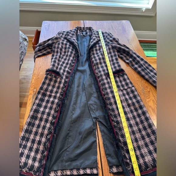 Vintage DS Essentials Faux Fur Trim Houndstooth Long Jacket Coat pink black - Picture 4 of 8